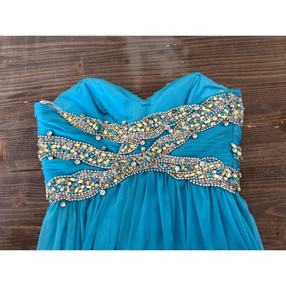 Sherri Hill Size 0 Blue Beaded Strapless Formal Gown Prom Dress Ruched Gemstones - Picture 4 of 16